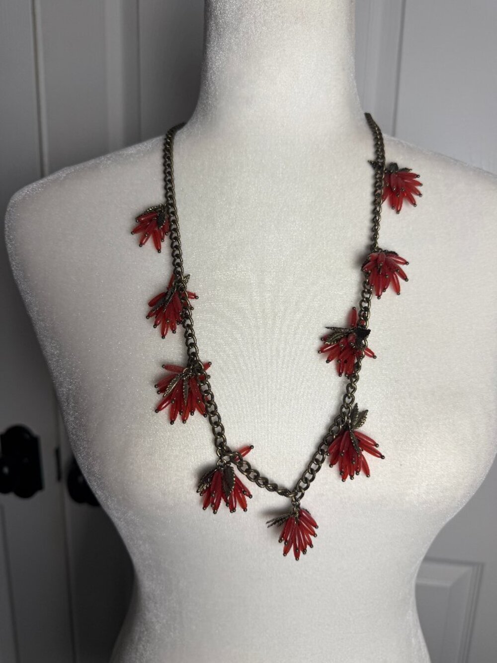 Vintage Baublebar Orange Red Flower Drop Station Necklace Brass